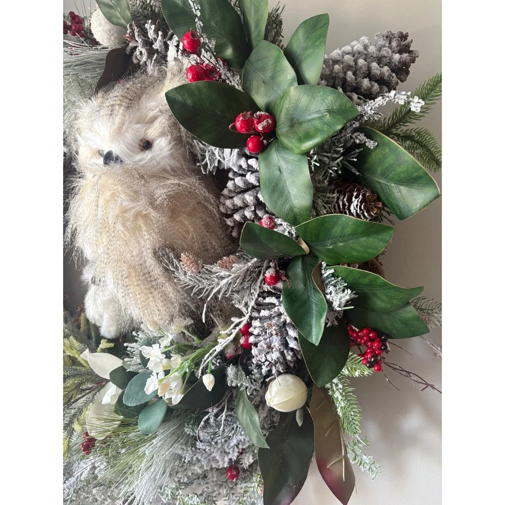 Woodland Owl Christmas Wreath Frosted Pinecone Berry Grapevine Holiday Decor
